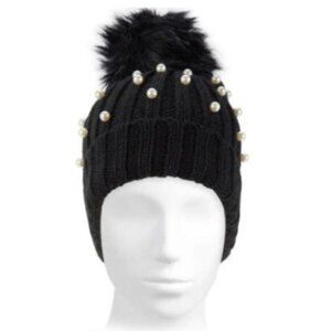 NWT Marcus Adler Black Knit Faux Pearl And Beaded Beanie Hat